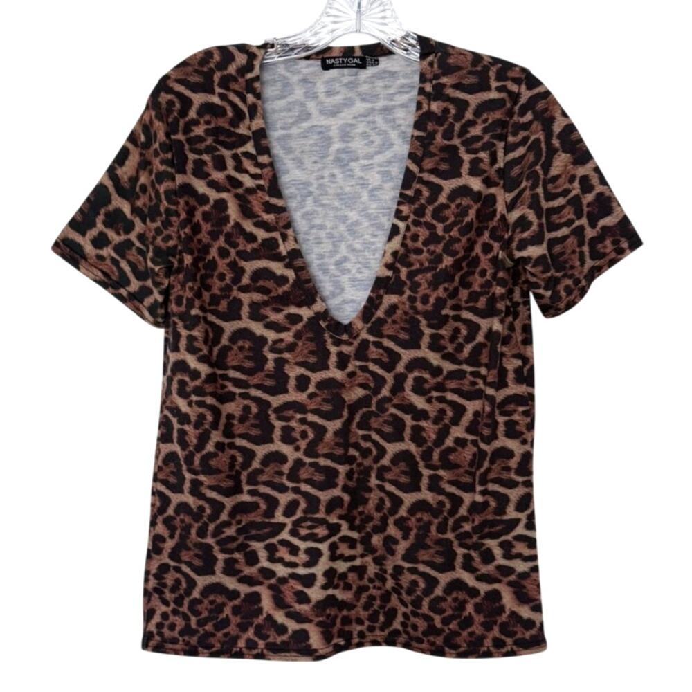 Nasty Gal Deep V- Neck T-Shirt Leopard Print Short Sleeve Top Size 0 Brown Black